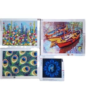 Lot Of 4 Diamond Art Paintings COMPLETED HANDMADE Wildflowers Peacock Sun Boat